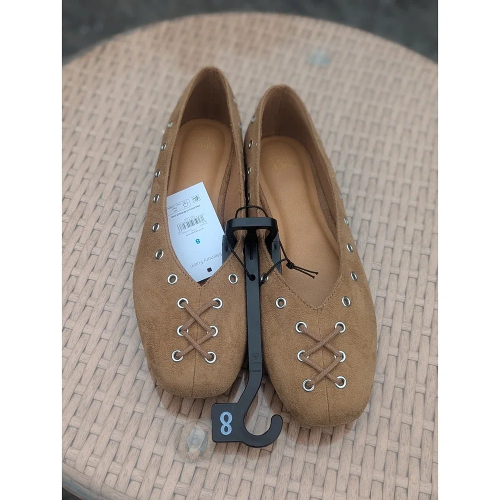 Balletcore Corset Lace Up Flats Time and Tru Size 8 Tan Grommet NWT